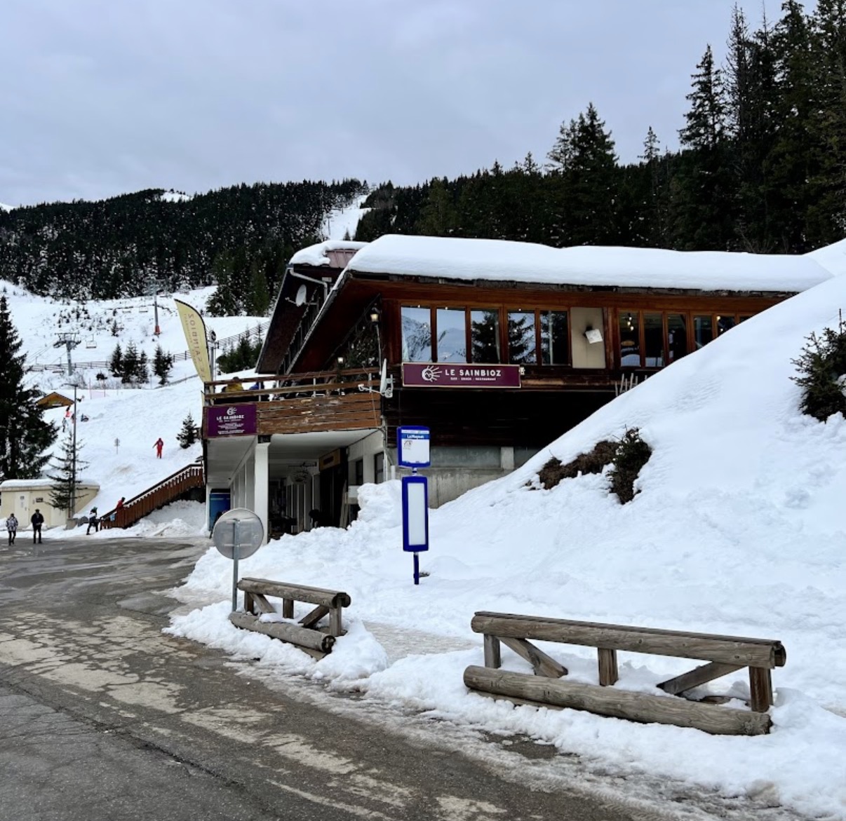 The Le Sainbioz restaurant front in winter